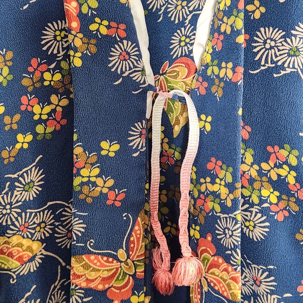 Vintage Japanese Traditional Navy Haori Kimono Floral Butterfly Print